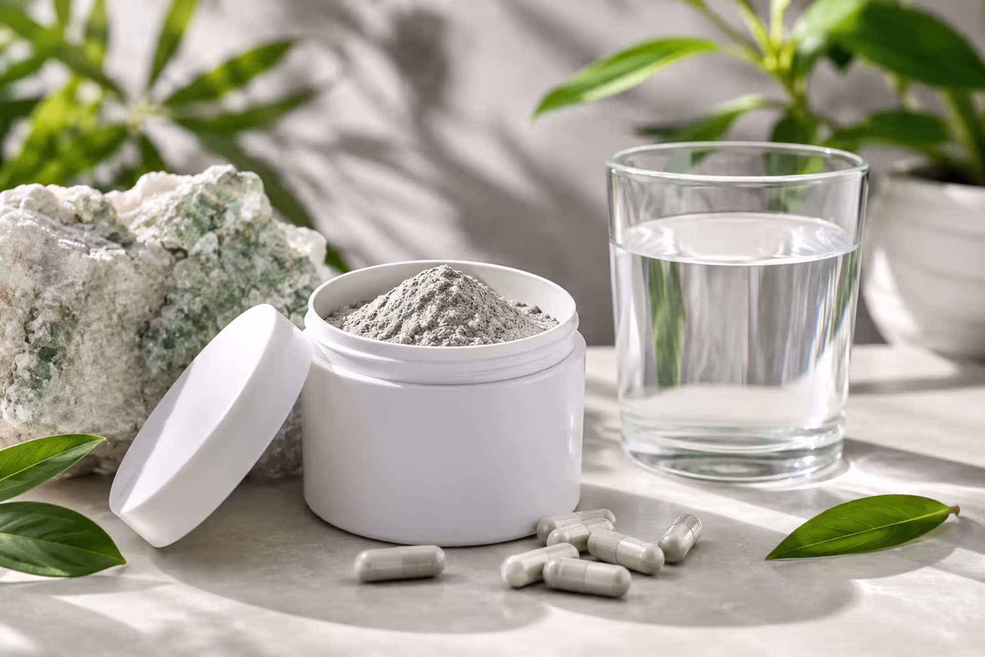 Zeolite detox supplement powder with glass of water